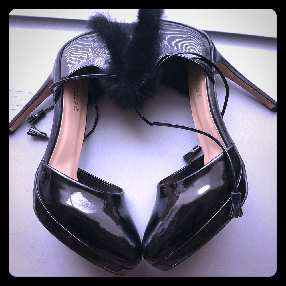 ShoeDazzle Black Patent Leather FurAnkle Tie Heels